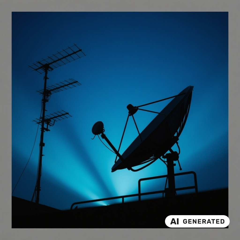 Satellitenschuessel und Antennenanlage als Silhouette vor tiefblauem Abendhimmel