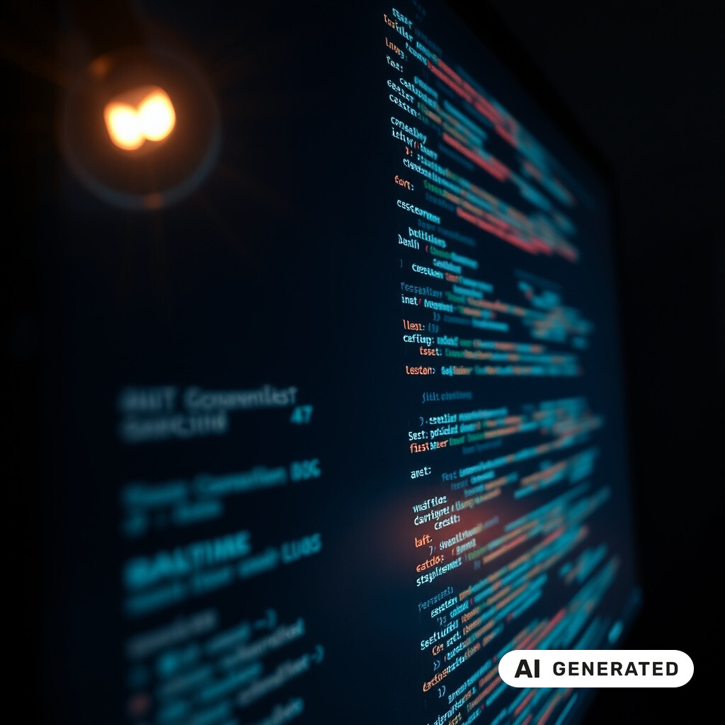 Nahaufnahme eines Monitors mit farbig hervorgehobenem Quellcode in einem abgedunkelten Raum