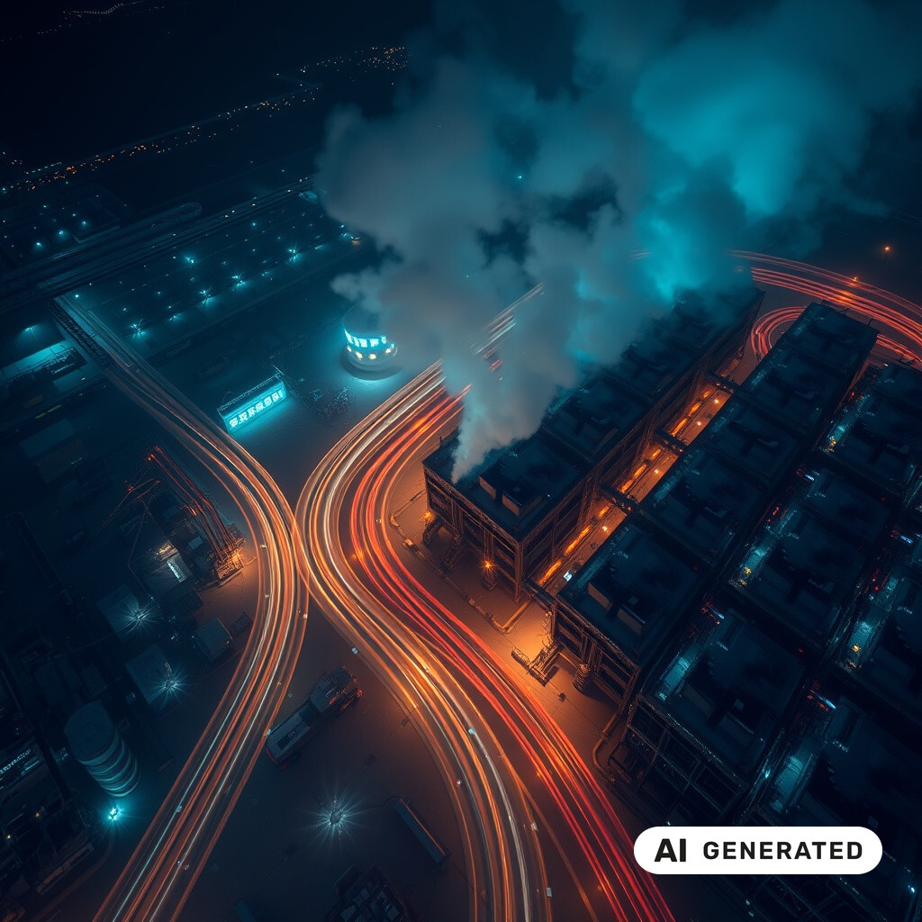 Luftaufnahme eines nächtlichen Industrieareals mit Lichtspuren des Verkehrs