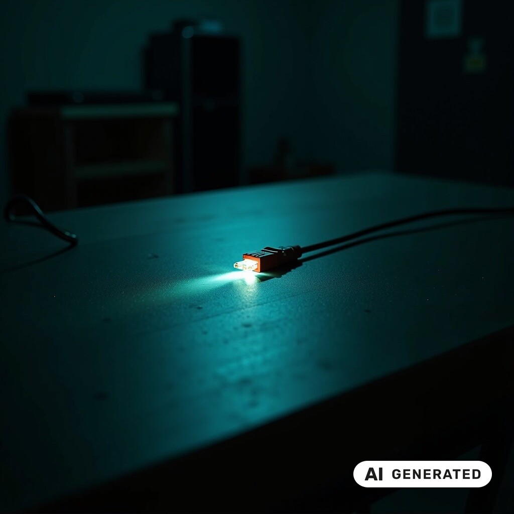 Ein gelöstes Glasfaserkabel auf dunklem Tisch, aus dessen offenem Ende Licht austritt