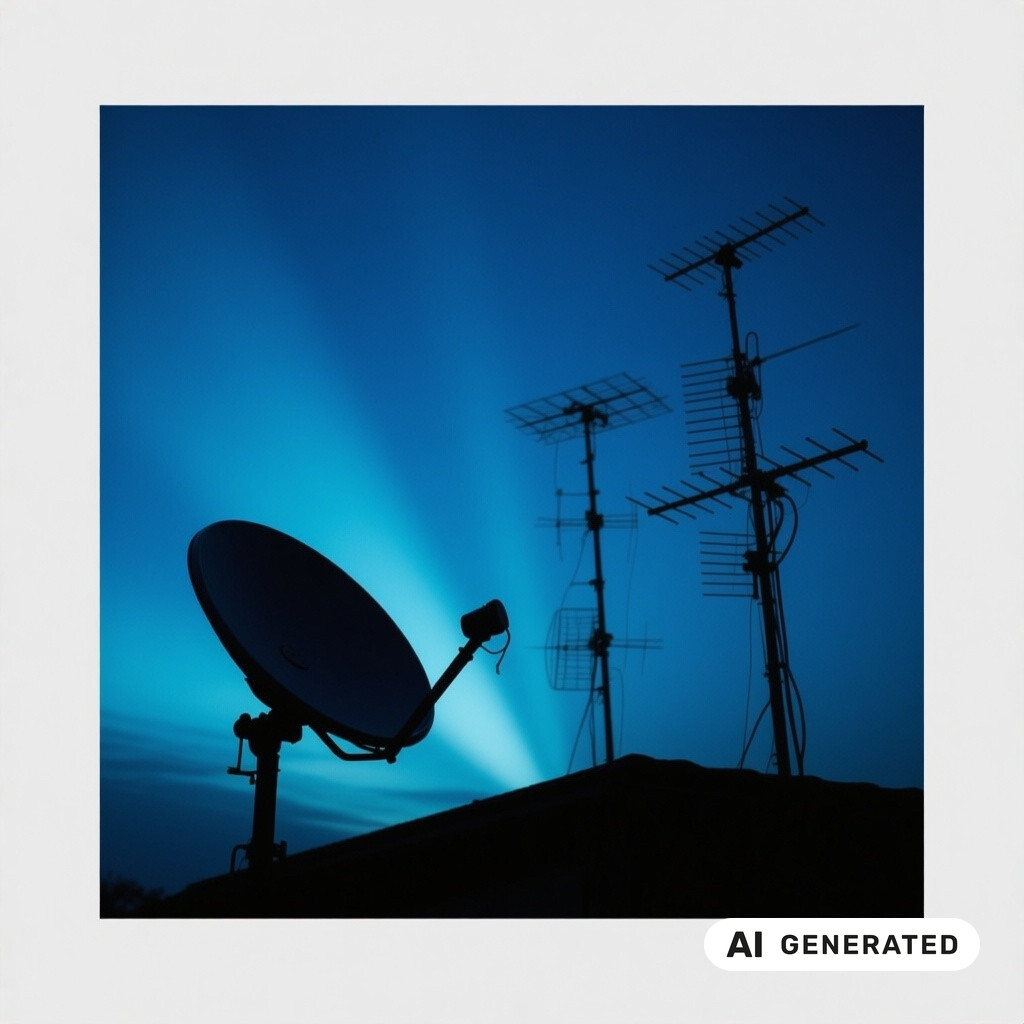 Satellitenschuessel und Antennenanlage als Silhouette vor tiefblauem Abendhimmel