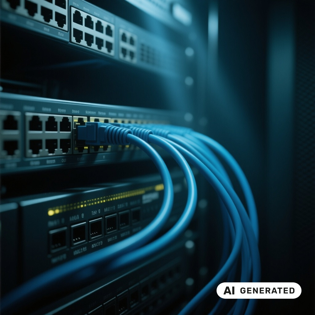 Nahaufnahme von Netzwerk-Switches und Patchkabeln in einem schwach beleuchteten Serverraum