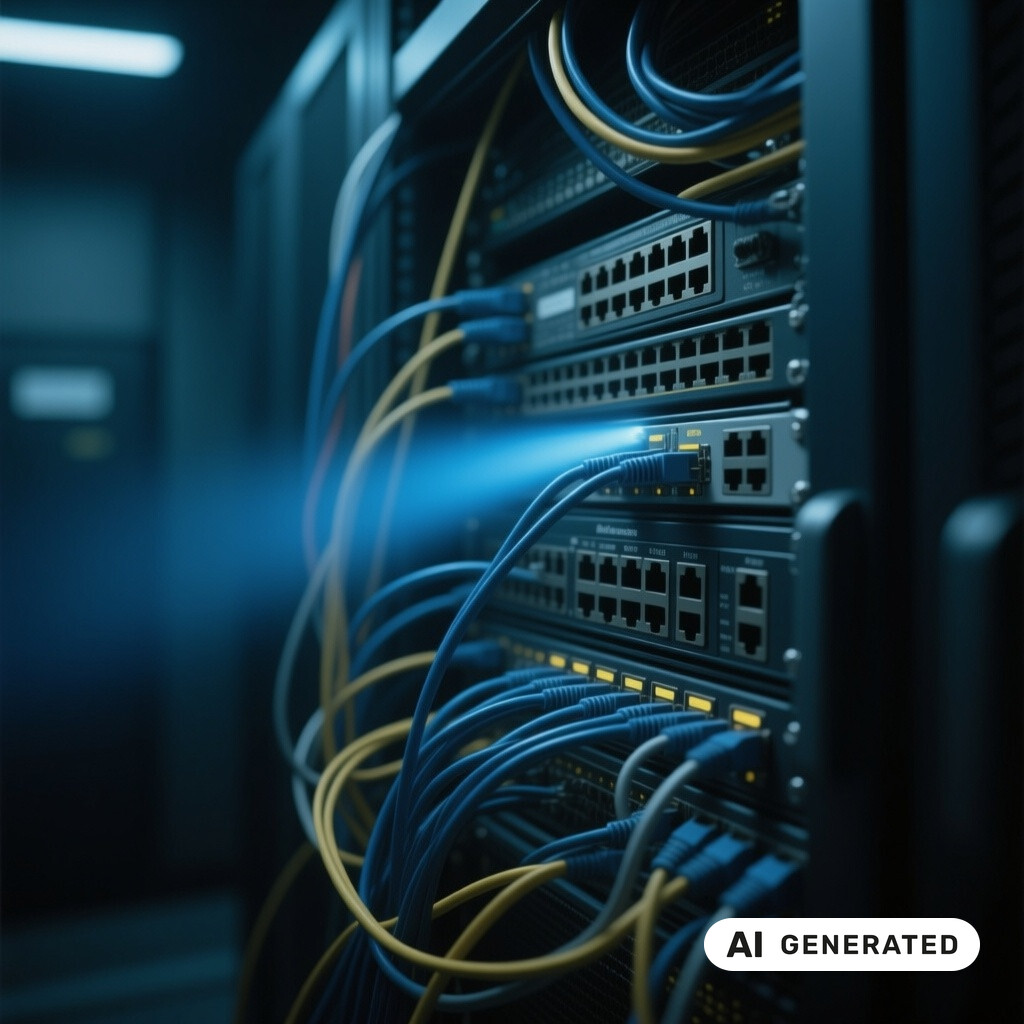Nahaufnahme von Netzwerk-Switches und Patchkabeln in einem schwach beleuchteten Serverraum