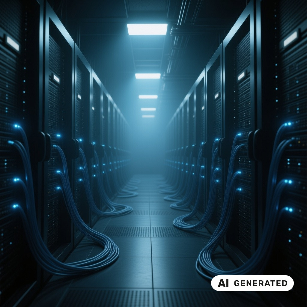 Serverraum mit langen Reihen von Racks, Glasfaserverkabelung und kühlen blauen Kontrollleuchten