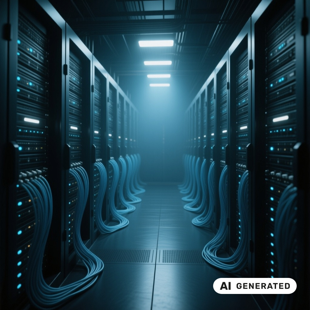 Serverraum mit langen Reihen von Racks, Glasfaserverkabelung und kuehlen blauen Kontrollleuchten