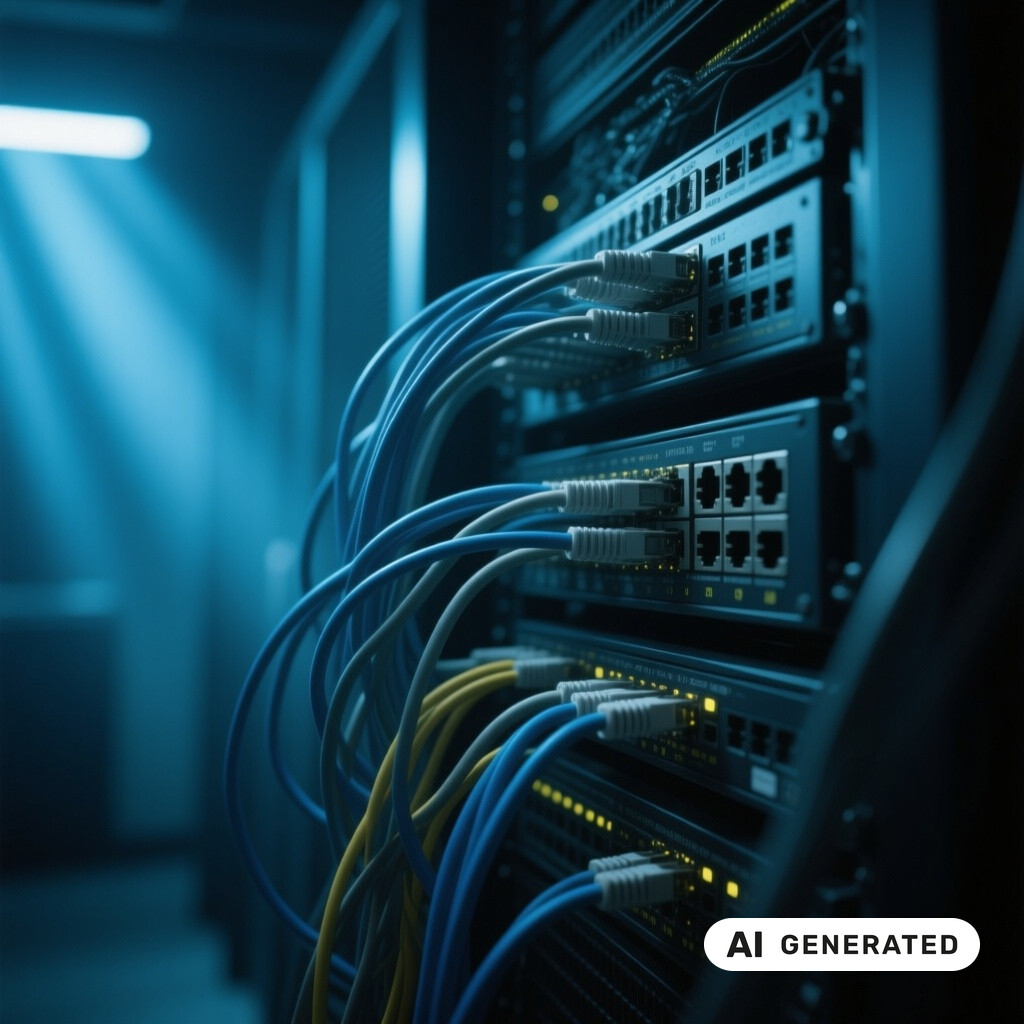 Nahaufnahme von Netzwerk-Switches und Patchkabeln in einem schwach beleuchteten Serverraum