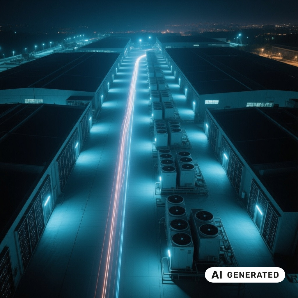 Luftaufnahme eines Rechenzentrums-Campus bei Nacht mit Kuehlanlagen und Lichtspuren
