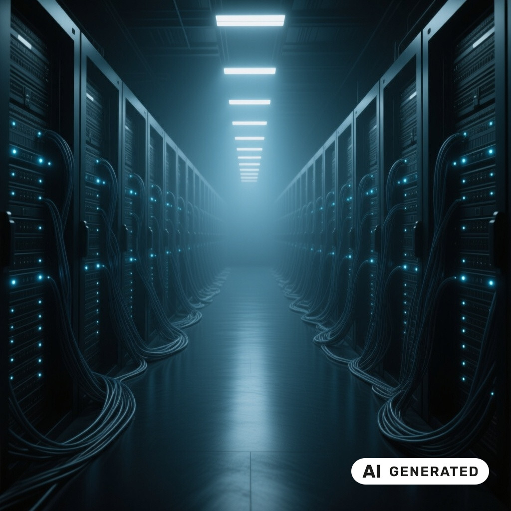 Serverraum mit langen Reihen von Racks, Glasfaserverkabelung und kuehlen blauen Kontrollleuchten