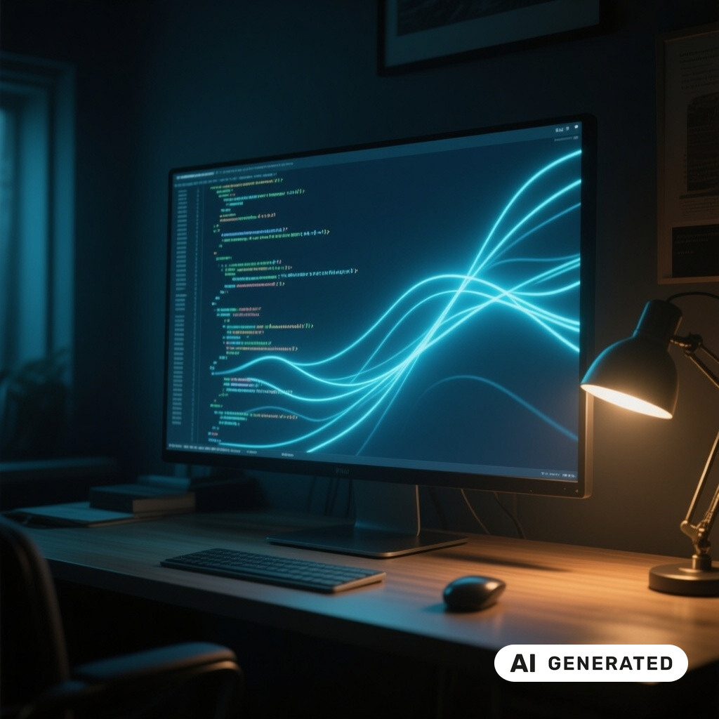 Quellcode auf einem grossen Monitor in einem abgedunkelten Raum, warmes Licht einer Schreibtischlampe