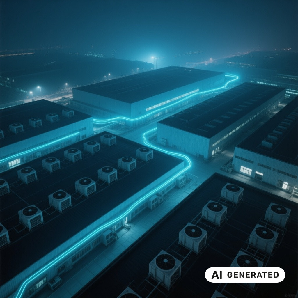 Luftaufnahme eines Rechenzentrums-Campus bei Nacht mit Kuehlanlagen und Lichtspuren