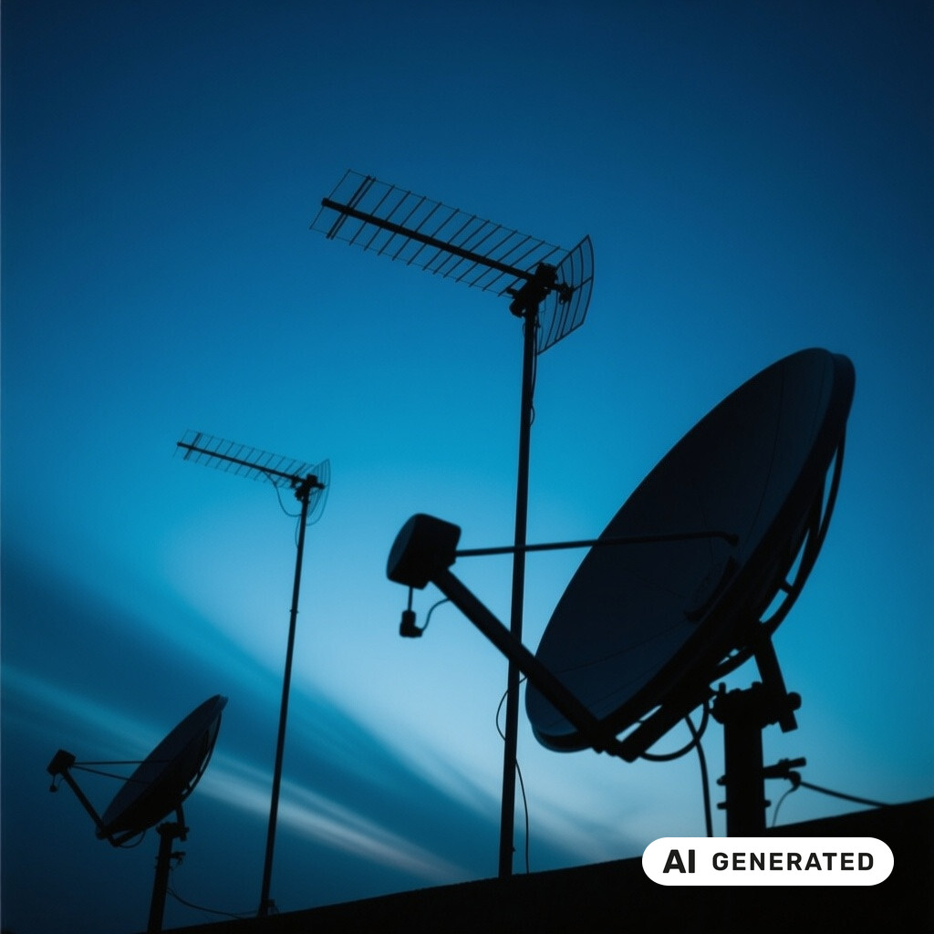 Satellitenschuessel und Antennenanlage als Silhouette vor tiefblauem Abendhimmel