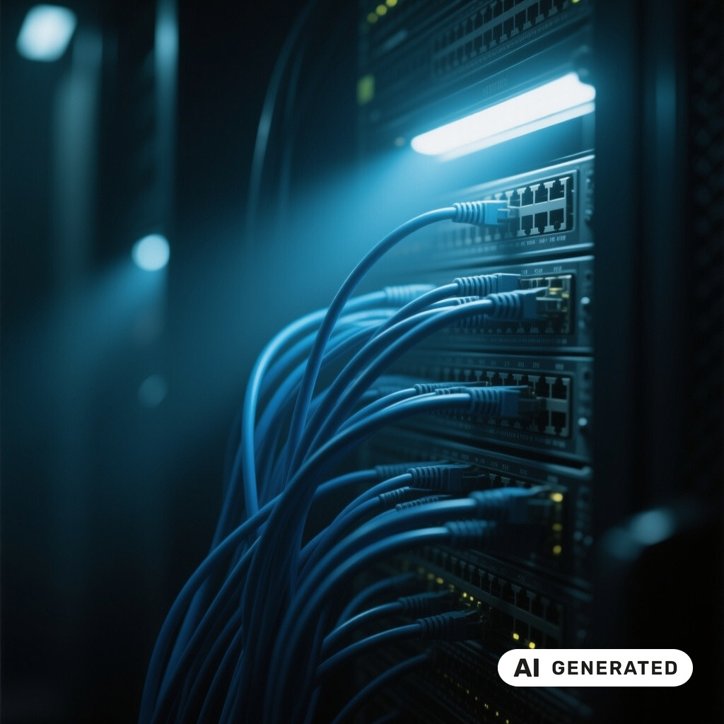 Nahaufnahme von Netzwerk-Switches und Patchkabeln in einem schwach beleuchteten Serverraum