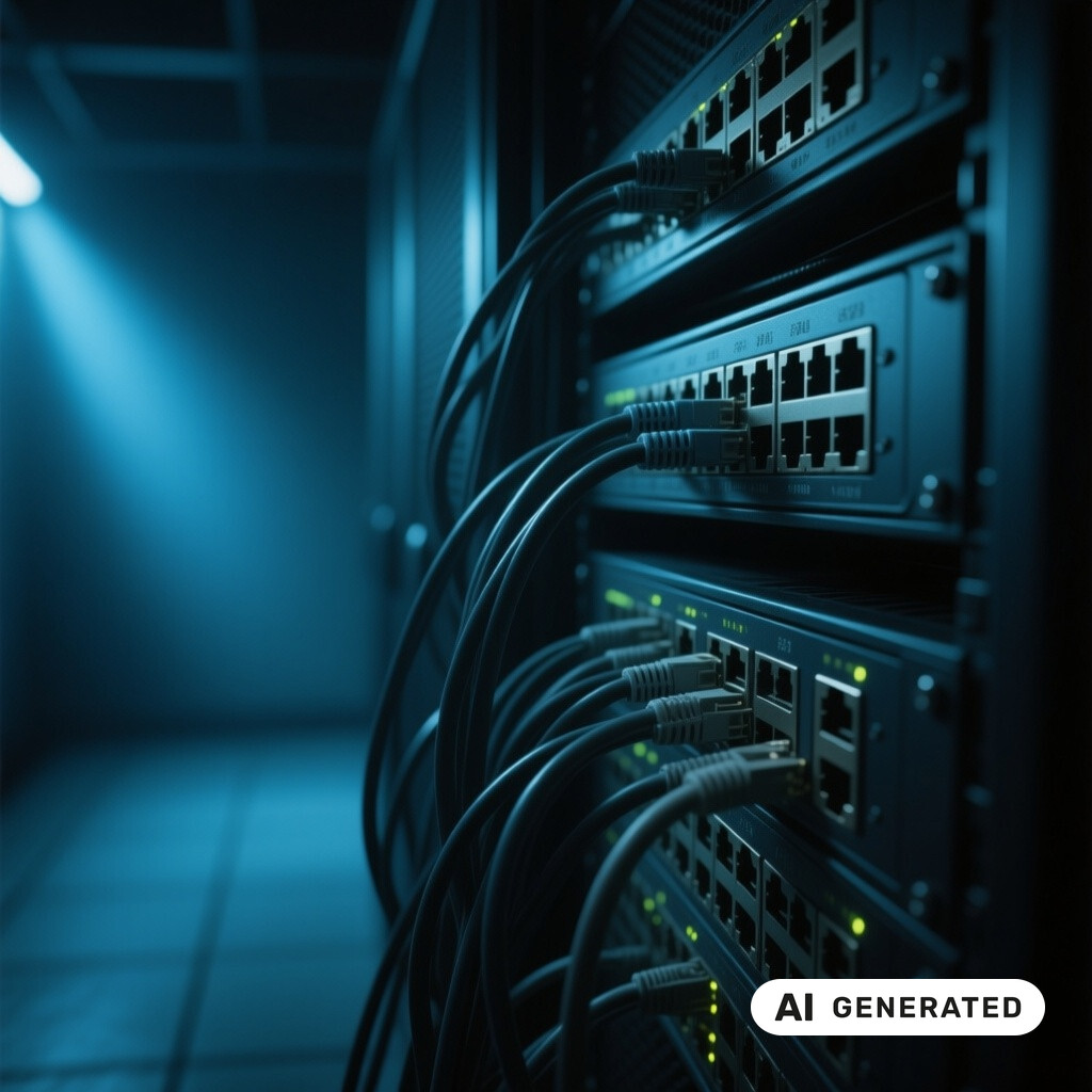 Nahaufnahme von Netzwerk-Switches und Patchkabeln in einem schwach beleuchteten Serverraum