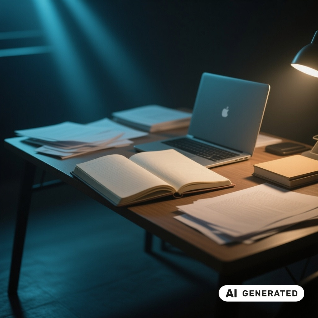 Ruhige Schreibtischszene mit Notizbuch, Laptop und Papieren im warmen Seitenlicht