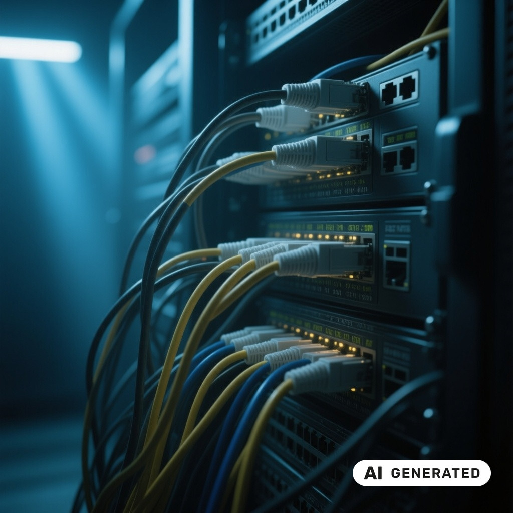 Nahaufnahme von Netzwerk-Switches und Patchkabeln in einem schwach beleuchteten Serverraum