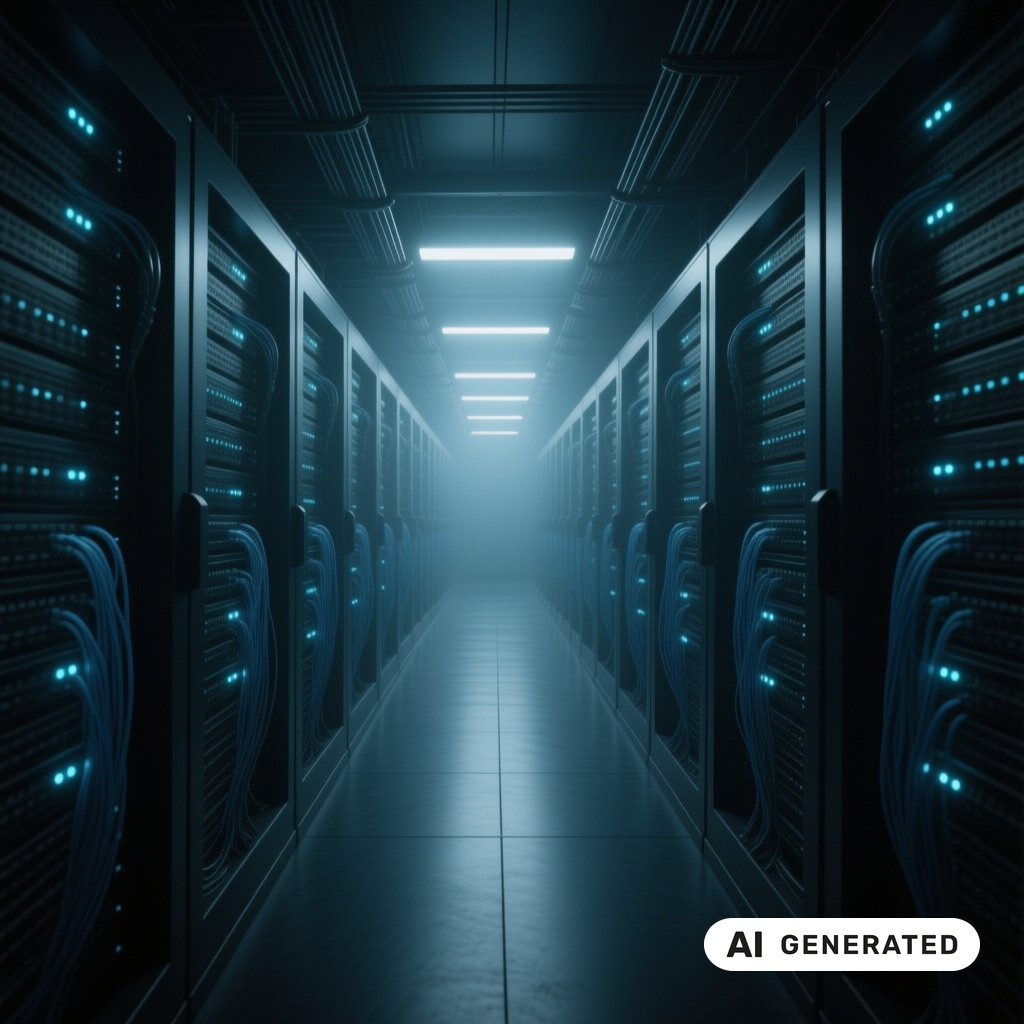 Serverraum mit langen Reihen von Racks, Glasfaserverkabelung und kuehlen blauen Kontrollleuchten