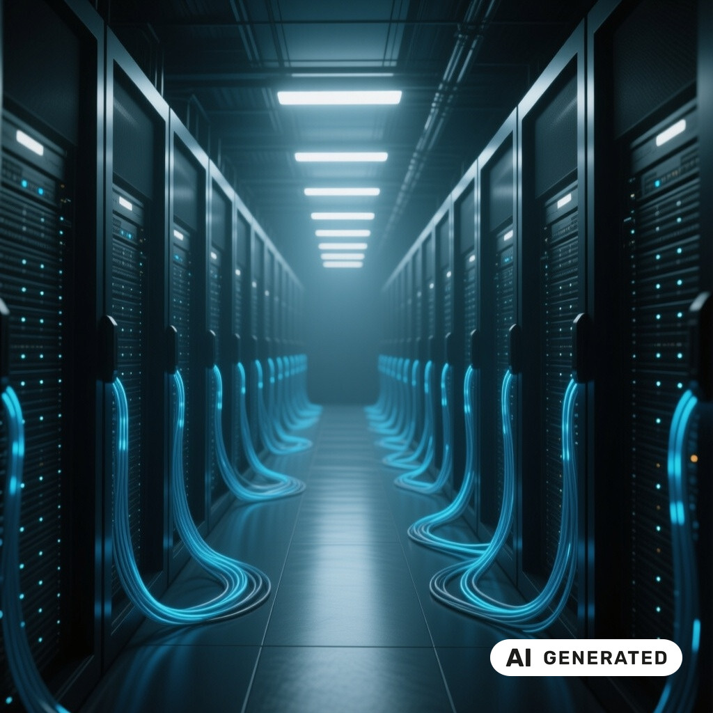 Serverraum mit langen Reihen von Racks, Glasfaserverkabelung und kuehlen blauen Kontrollleuchten