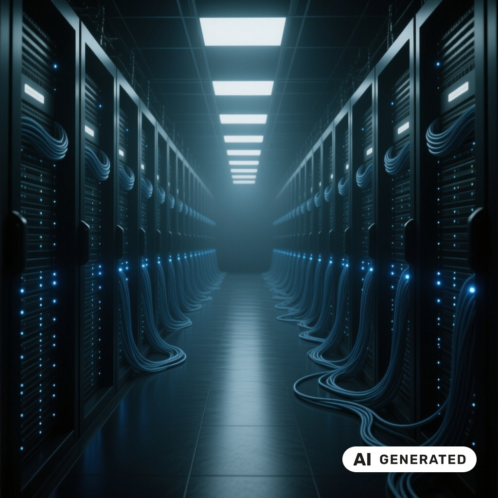 Serverraum mit langen Reihen von Racks, Glasfaserverkabelung und kuehlen blauen Kontrollleuchten