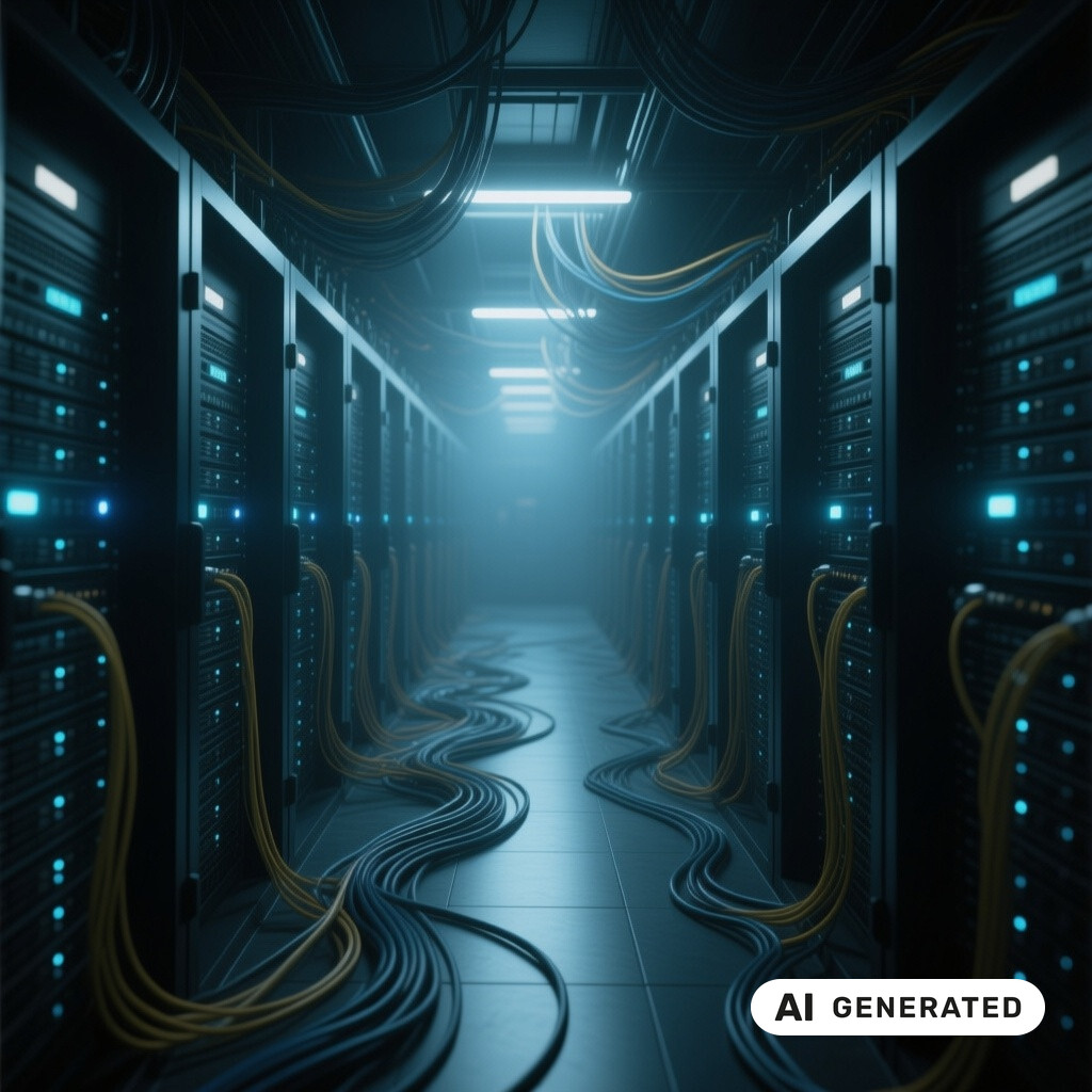 Serverraum mit langen Reihen von Racks, Glasfaserverkabelung und kuehlen blauen Kontrollleuchten