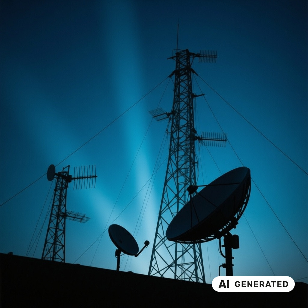 Satellitenschuessel und Antennenanlage als Silhouette vor tiefblauem Abendhimmel