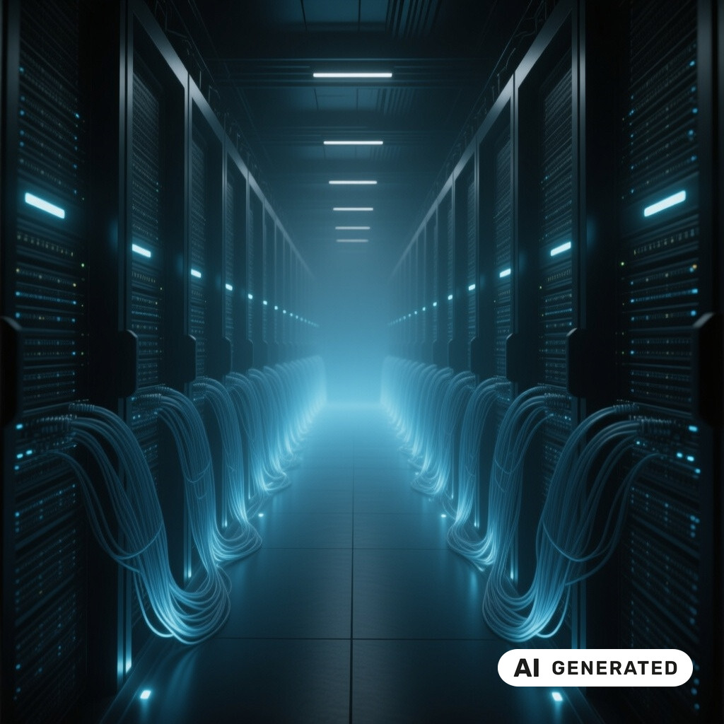 Serverraum mit langen Reihen von Racks, Glasfaserverkabelung und kuehlen blauen Kontrollleuchten