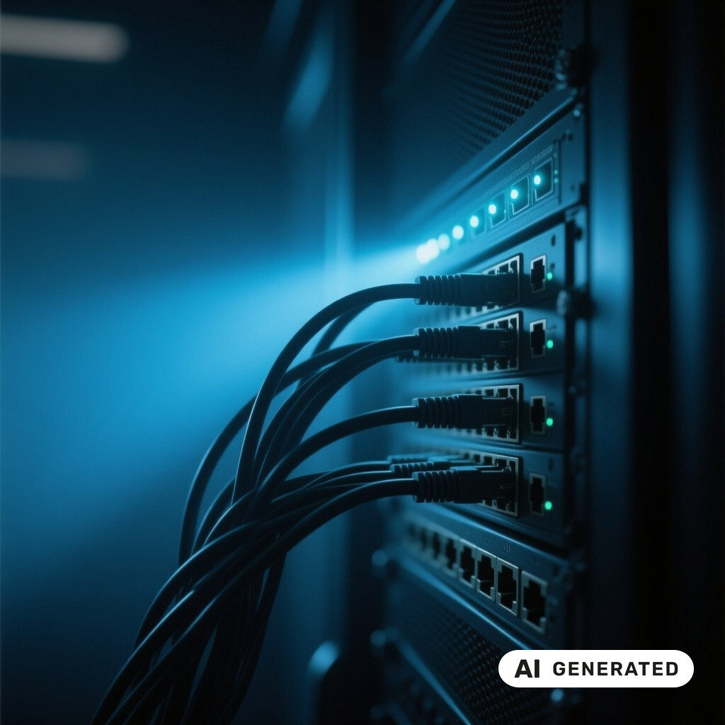 Nahaufnahme von Netzwerk-Switches und Patchkabeln in einem schwach beleuchteten Serverraum