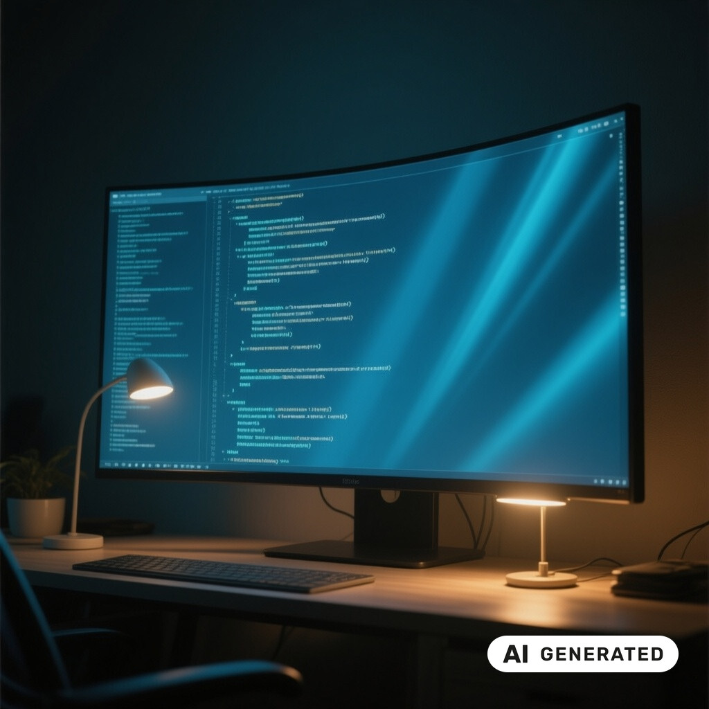 Quellcode auf einem grossen Monitor in einem abgedunkelten Raum, warmes Licht einer Schreibtischlampe