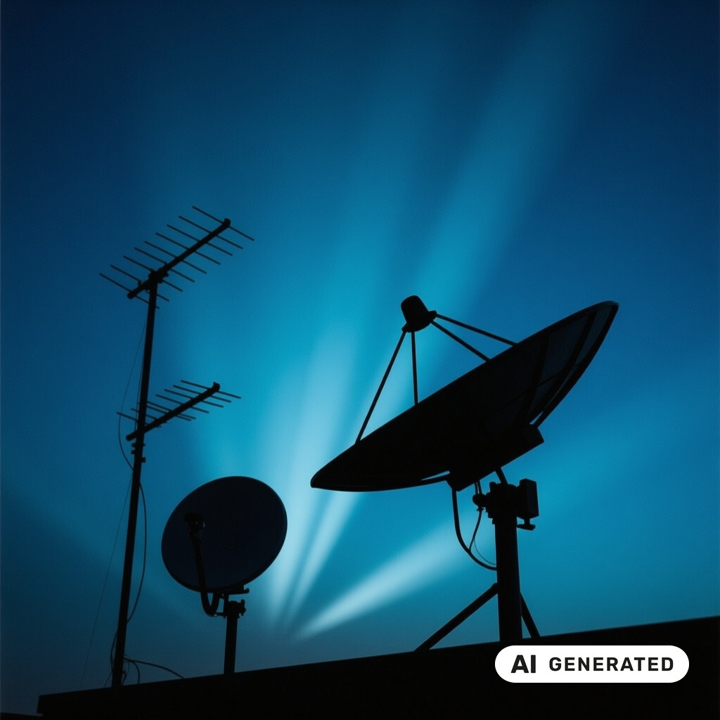 Satellitenschuessel und Antennenanlage als Silhouette vor tiefblauem Abendhimmel