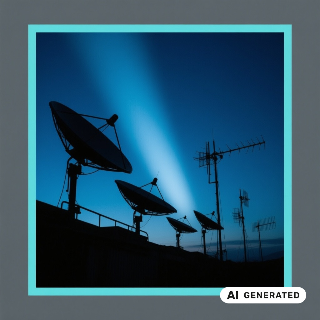 Satellitenschuessel und Antennenanlage als Silhouette vor tiefblauem Abendhimmel