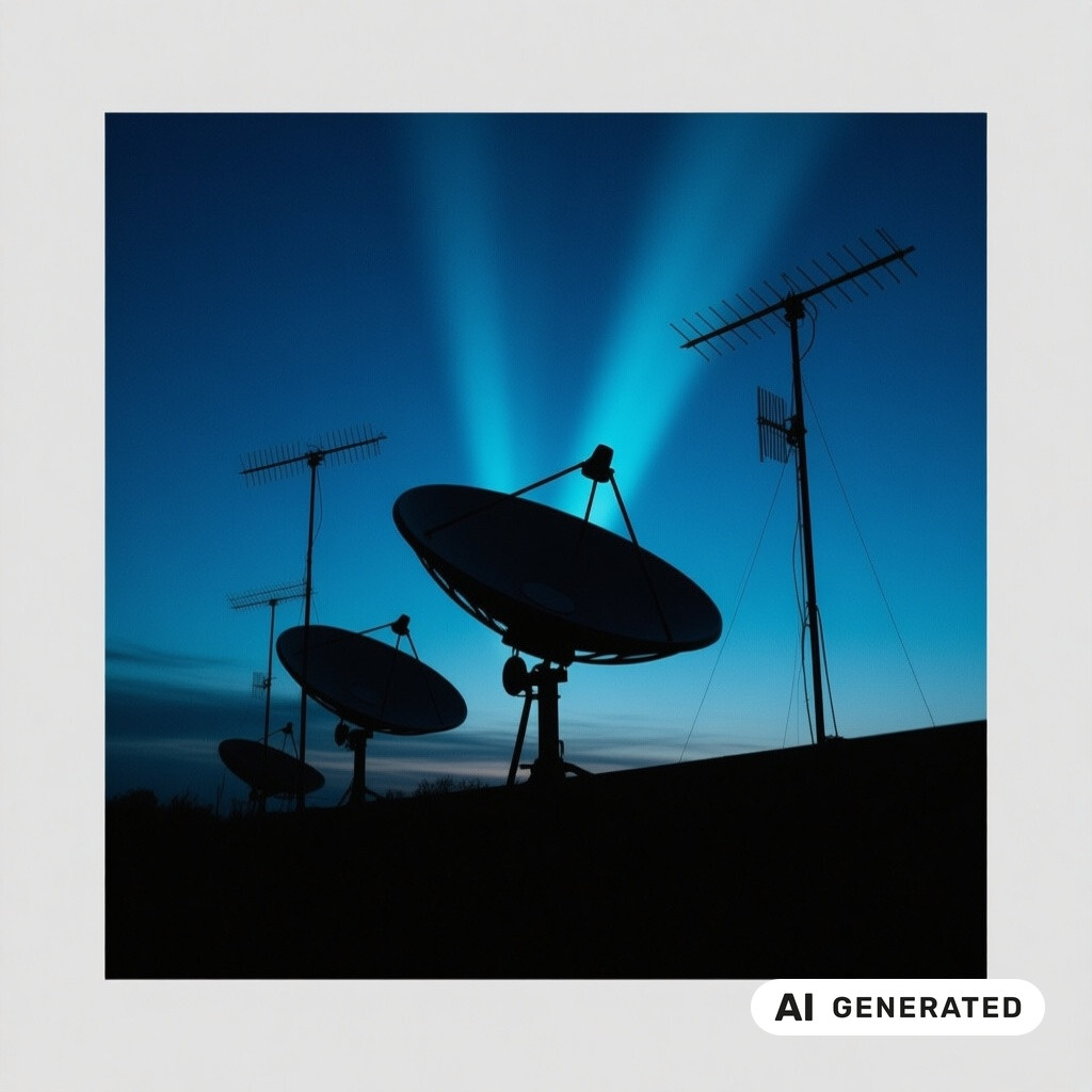 Satellitenschuessel und Antennenanlage als Silhouette vor tiefblauem Abendhimmel
