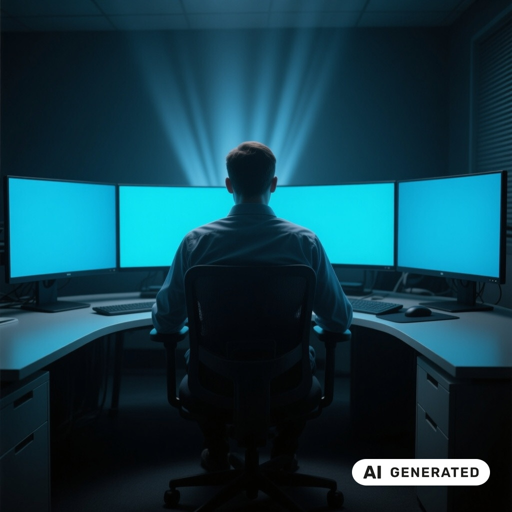 Ein Entwickler von hinten an einem Arbeitsplatz mit mehreren Monitoren in einem dunklen Raum