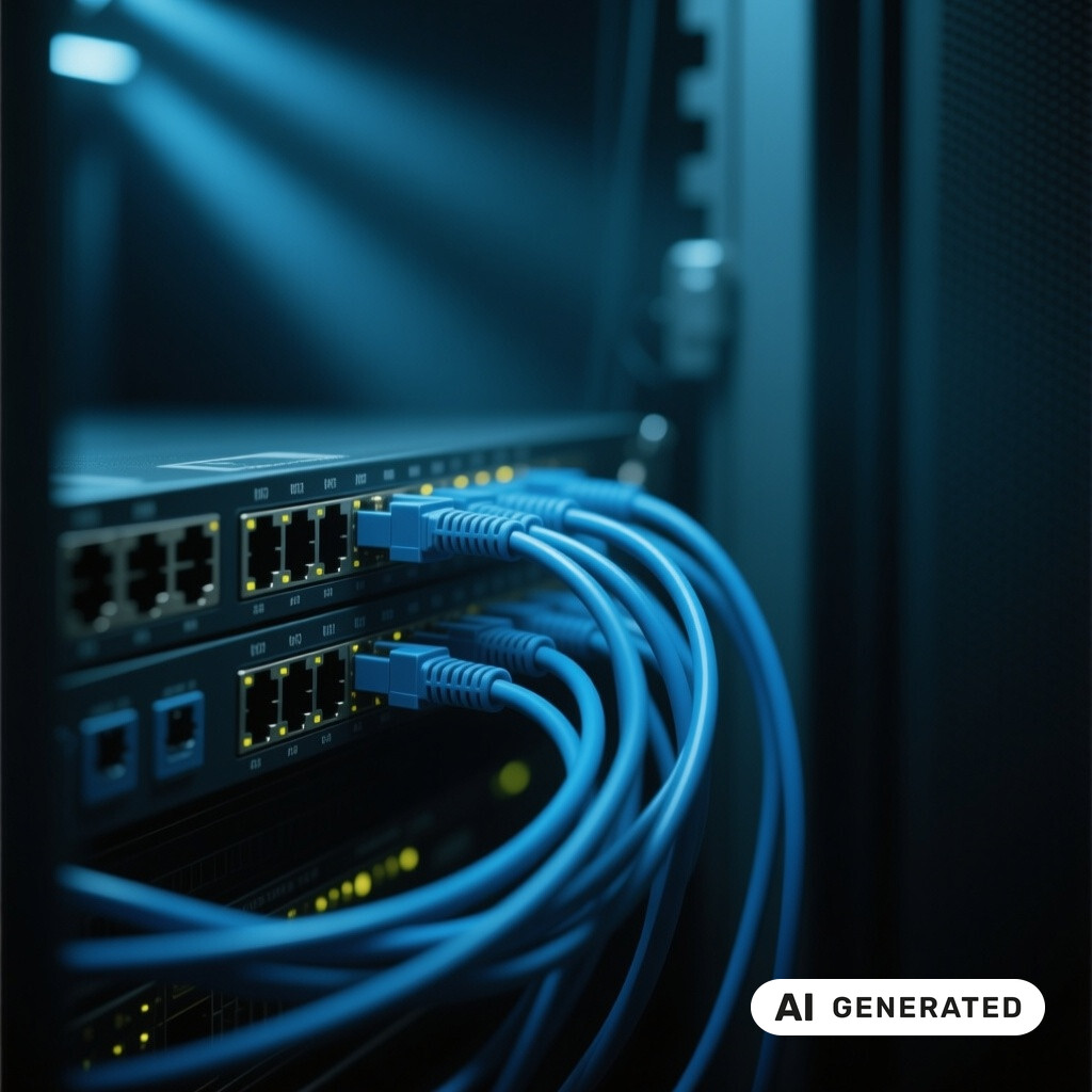 Nahaufnahme von Netzwerk-Switches und Patchkabeln in einem schwach beleuchteten Serverraum