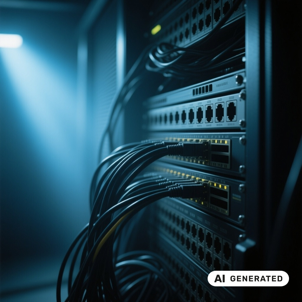 Nahaufnahme von Netzwerk-Switches und Patchkabeln in einem schwach beleuchteten Serverraum