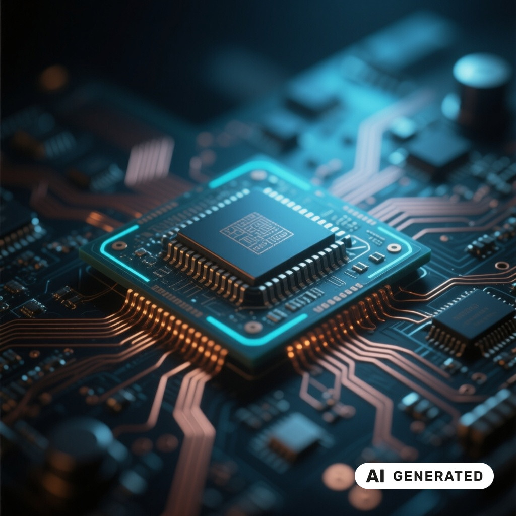 Makroaufnahme einer Platine mit Mikrochip und leuchtenden Kupferleiterbahnen
