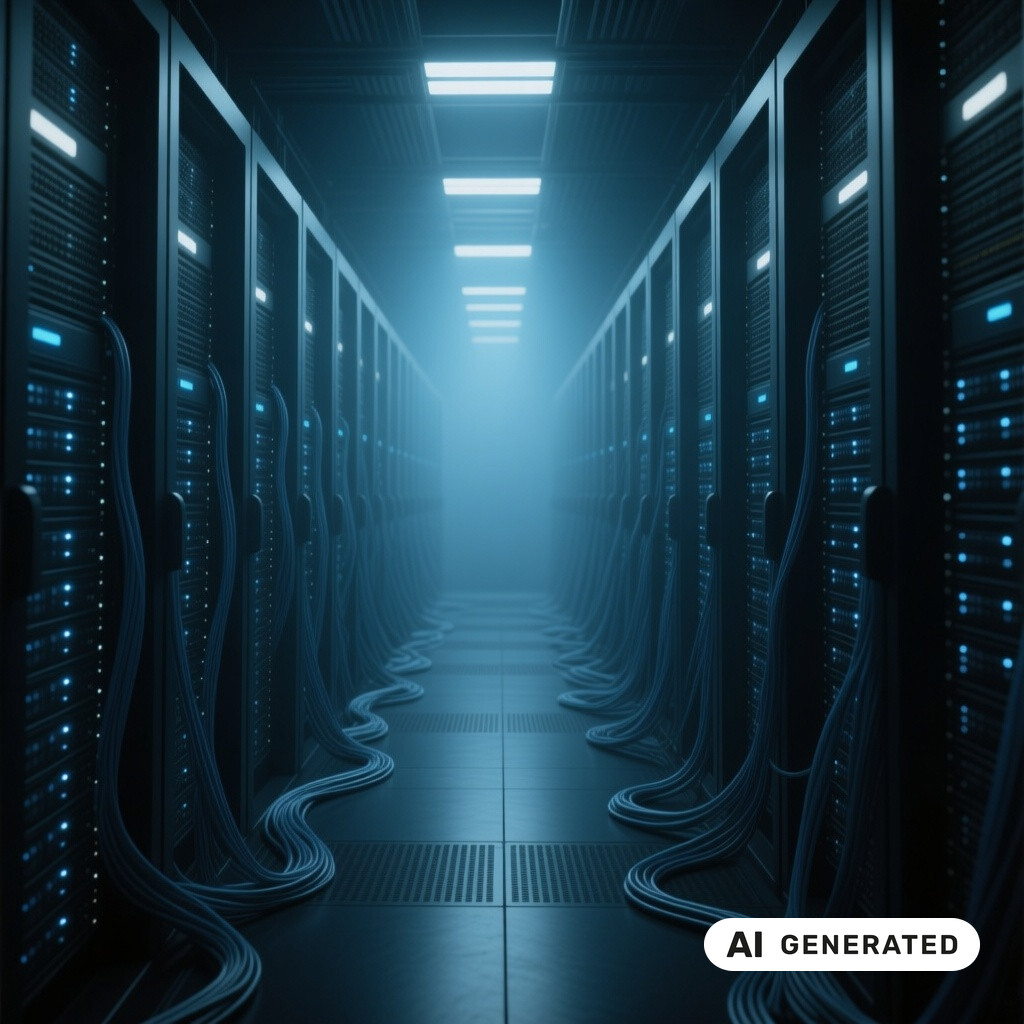 Serverraum mit langen Reihen von Racks, Glasfaserverkabelung und kuehlen blauen Kontrollleuchten