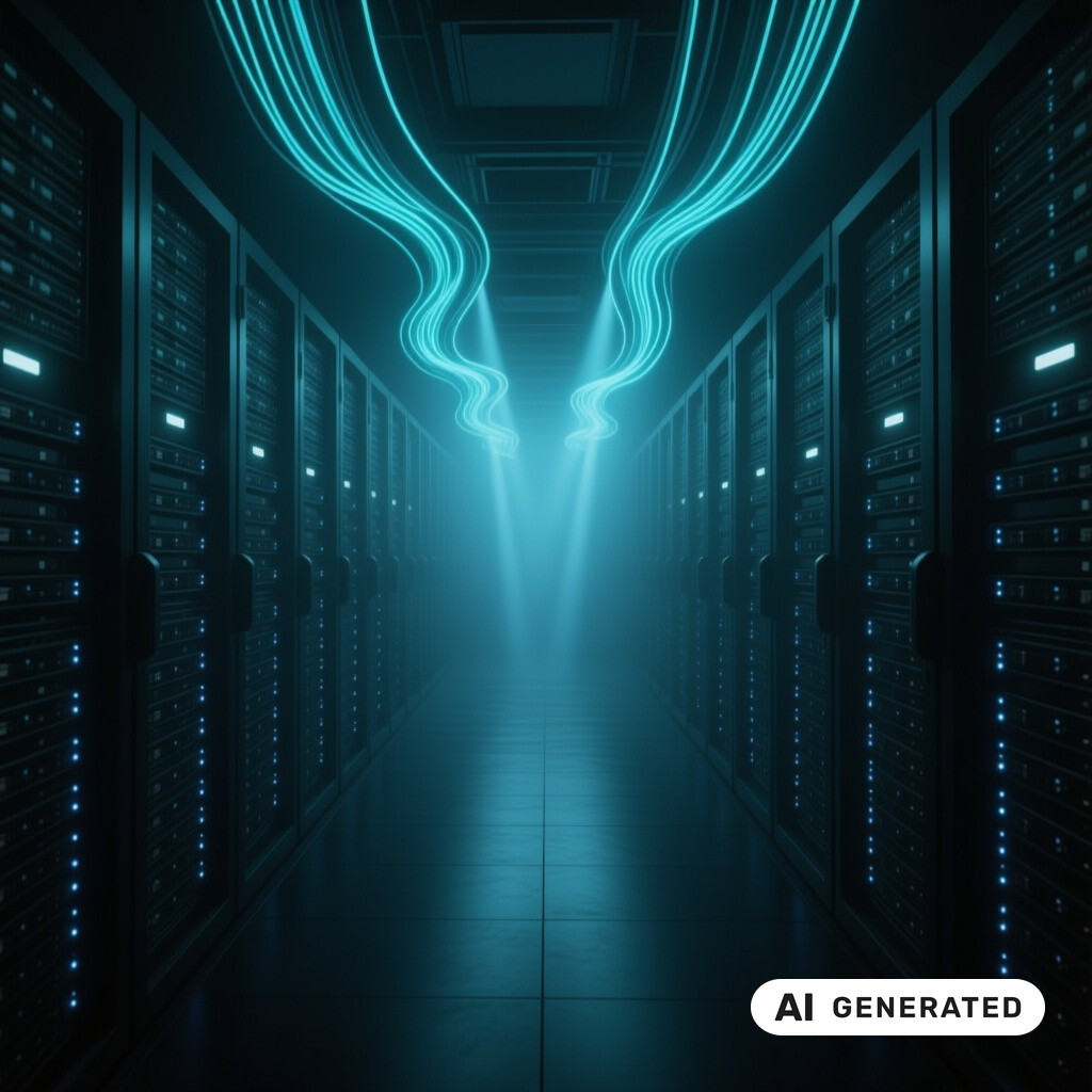 Serverraum mit langen Reihen von Racks, Glasfaserverkabelung und kuehlen blauen Kontrollleuchten