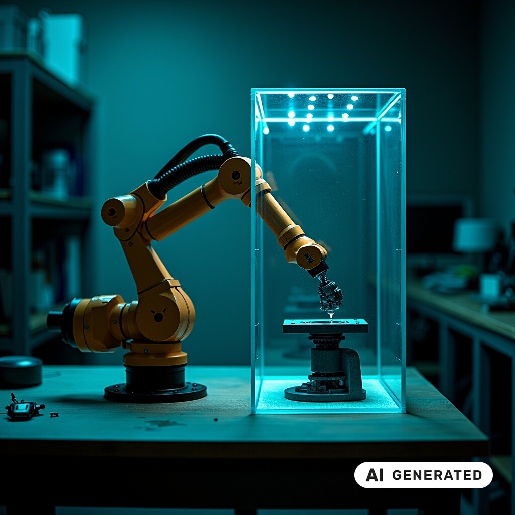 Ein kleiner Roboterarm arbeitet in einer durchsichtigen Schutzzelle auf einer Werkbank
