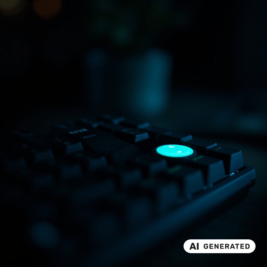 Dunkle Tastatur auf einem Schreibtisch mit einer einzelnen türkis leuchtenden Taste