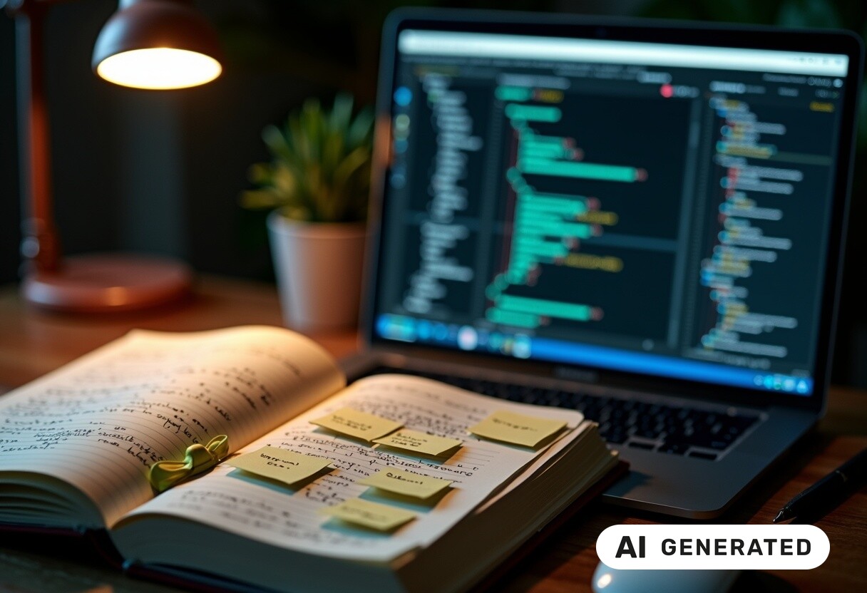 Aufgeschlagenes Notizbuch mit Haftnotizen neben einem Laptop mit Code-Editor im Lampenlicht