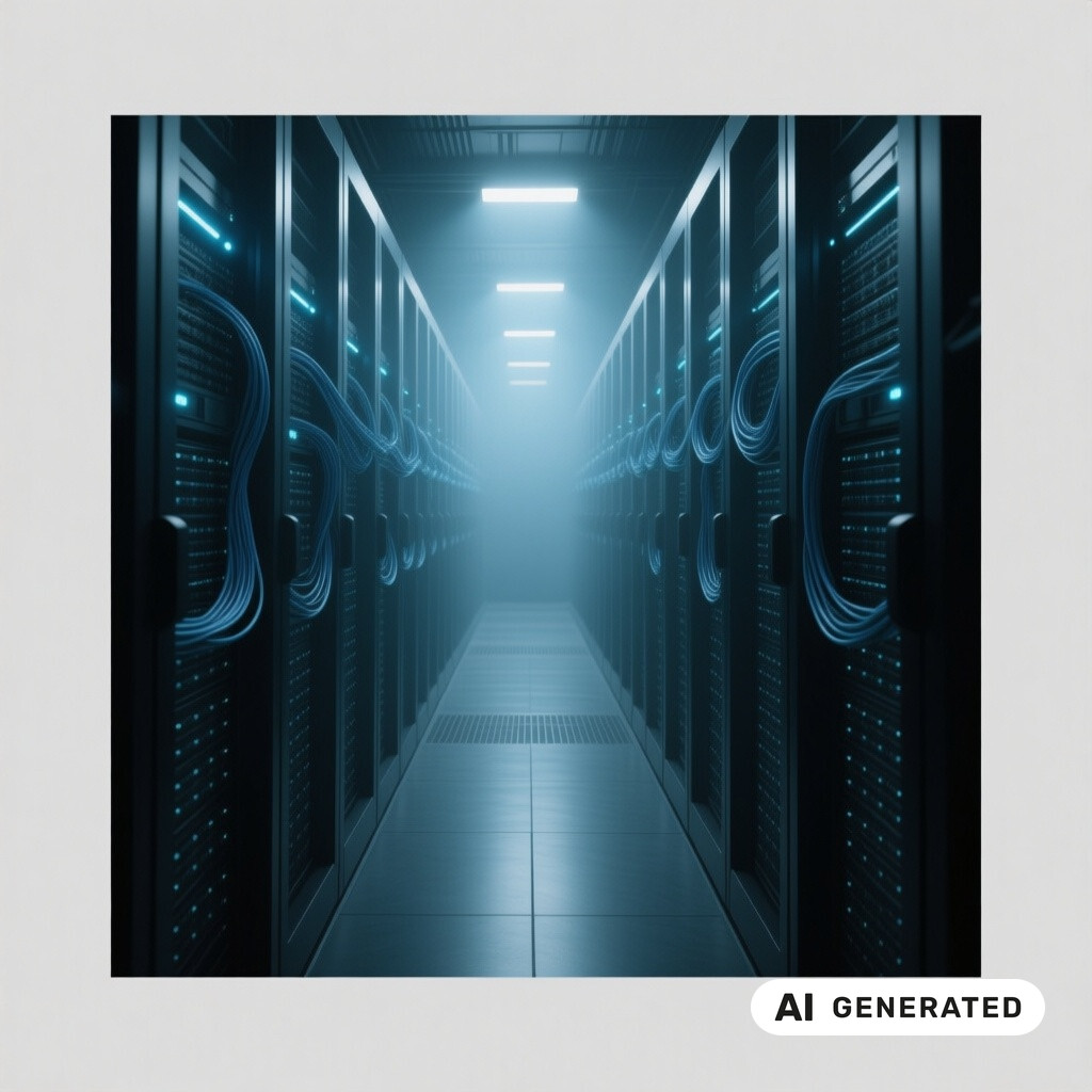 Serverraum mit langen Reihen von Racks, Glasfaserverkabelung und kuehlen blauen Kontrollleuchten