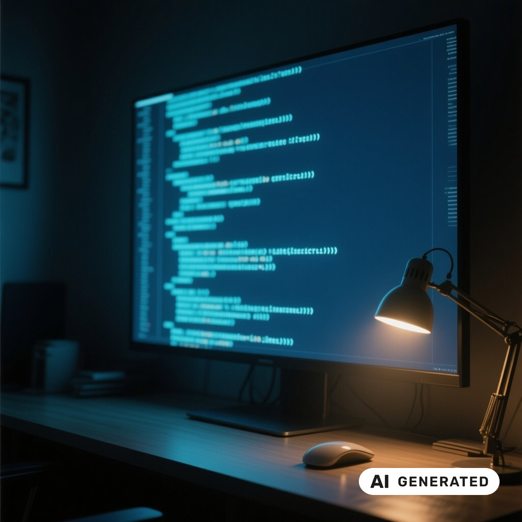 Quellcode auf einem grossen Monitor in einem abgedunkelten Raum, warmes Licht einer Schreibtischlampe