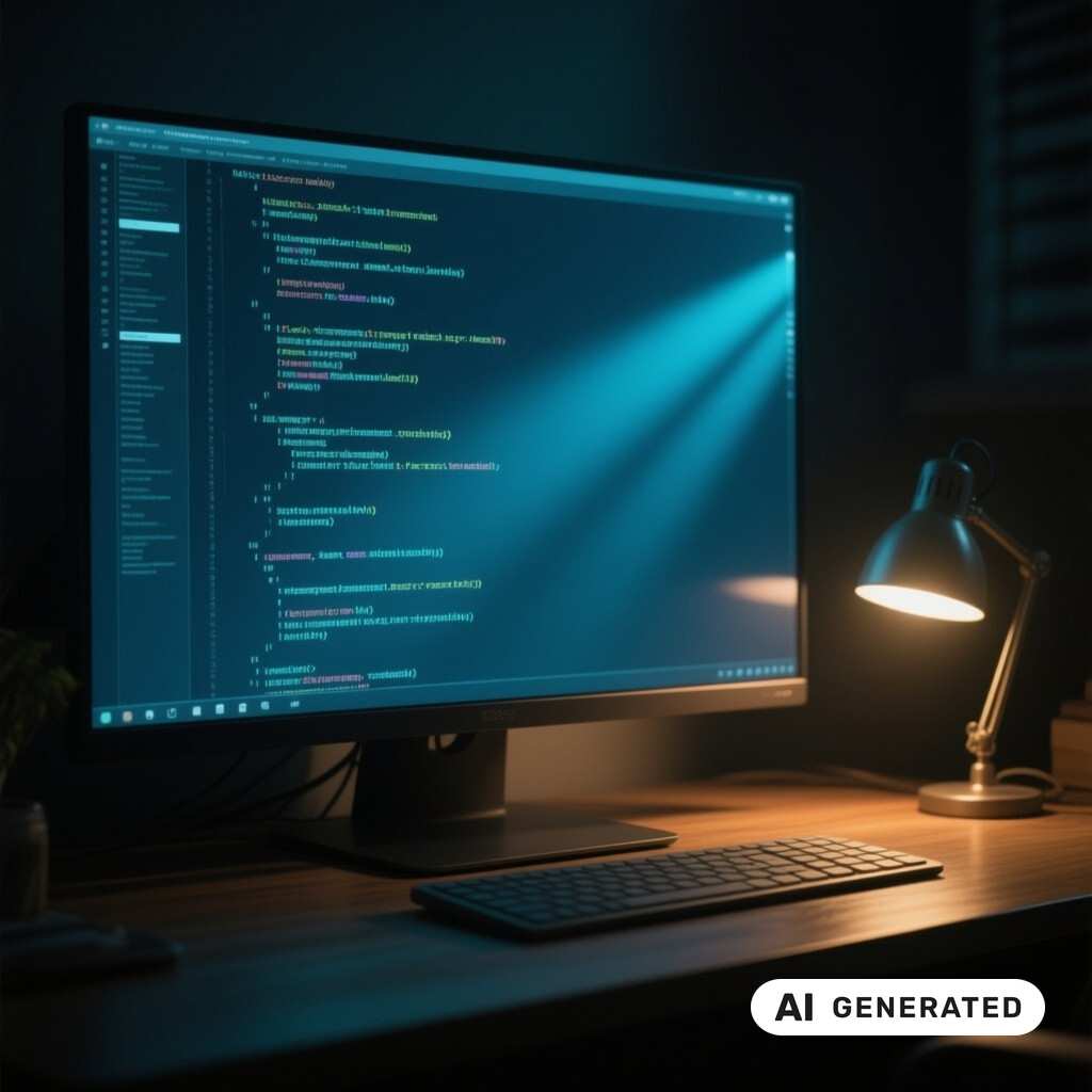Quellcode auf einem grossen Monitor in einem abgedunkelten Raum, warmes Licht einer Schreibtischlampe