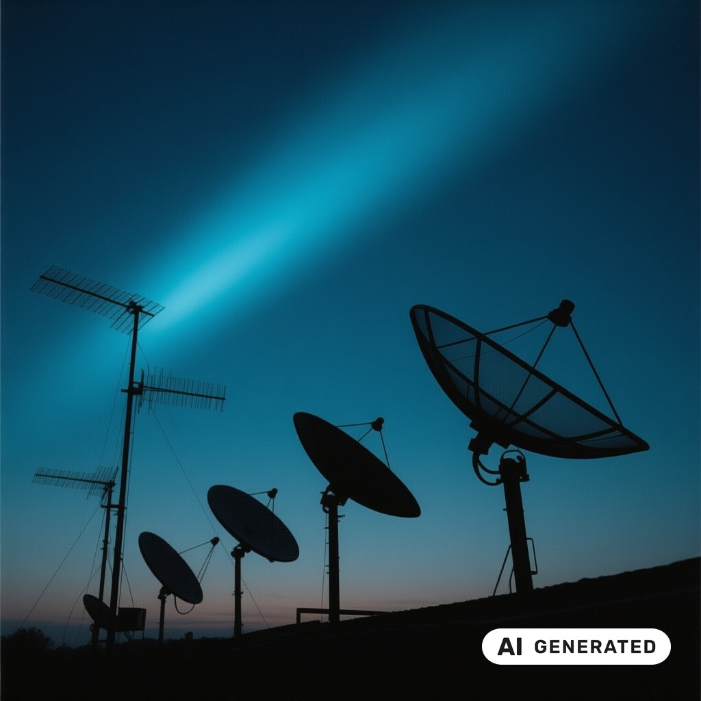Satellitenschuessel und Antennenanlage als Silhouette vor tiefblauem Abendhimmel
