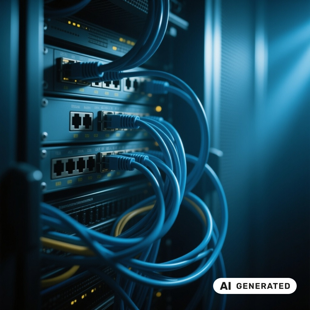 Nahaufnahme von Netzwerk-Switches und Patchkabeln in einem schwach beleuchteten Serverraum