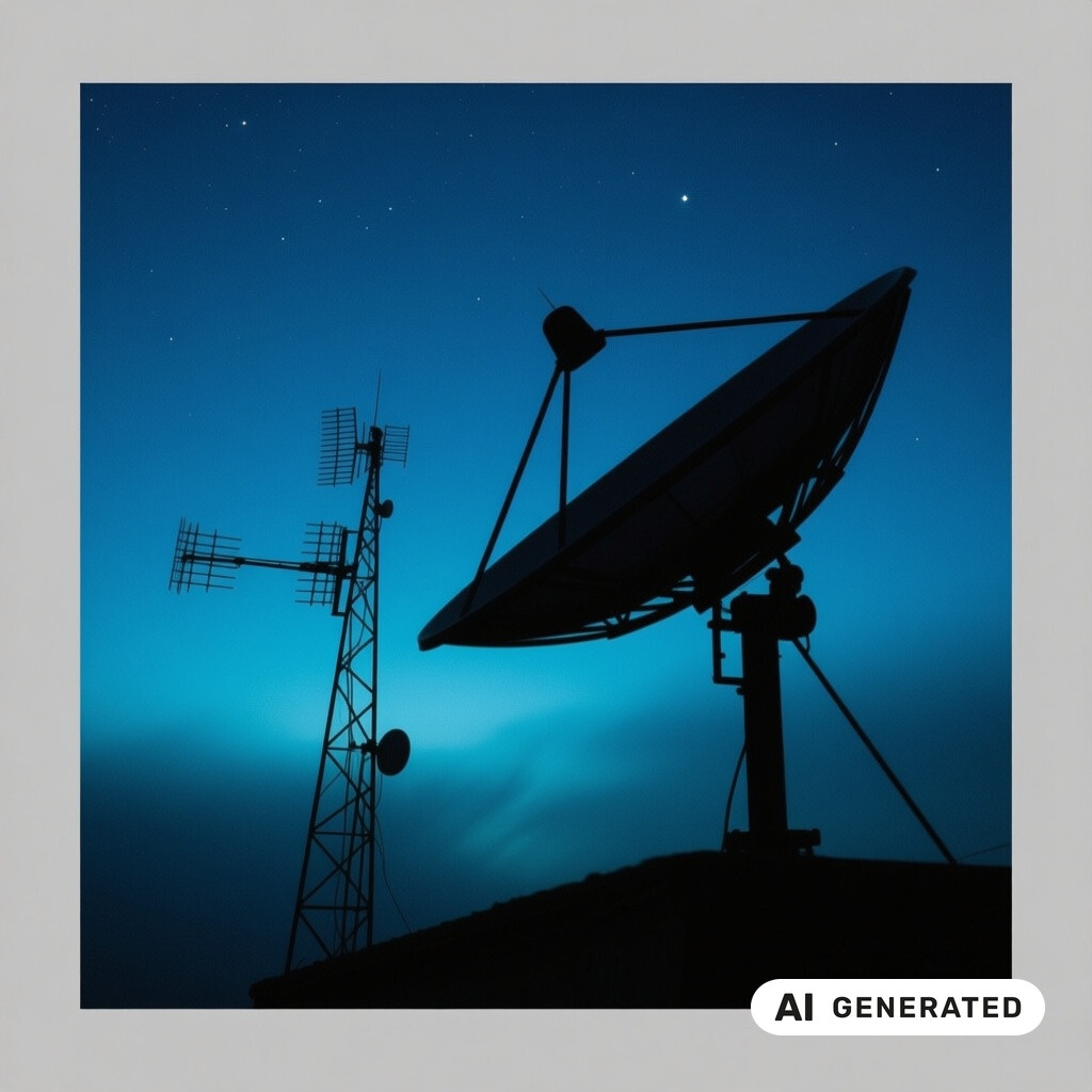 Satellitenschuessel und Antennenanlage als Silhouette vor tiefblauem Abendhimmel