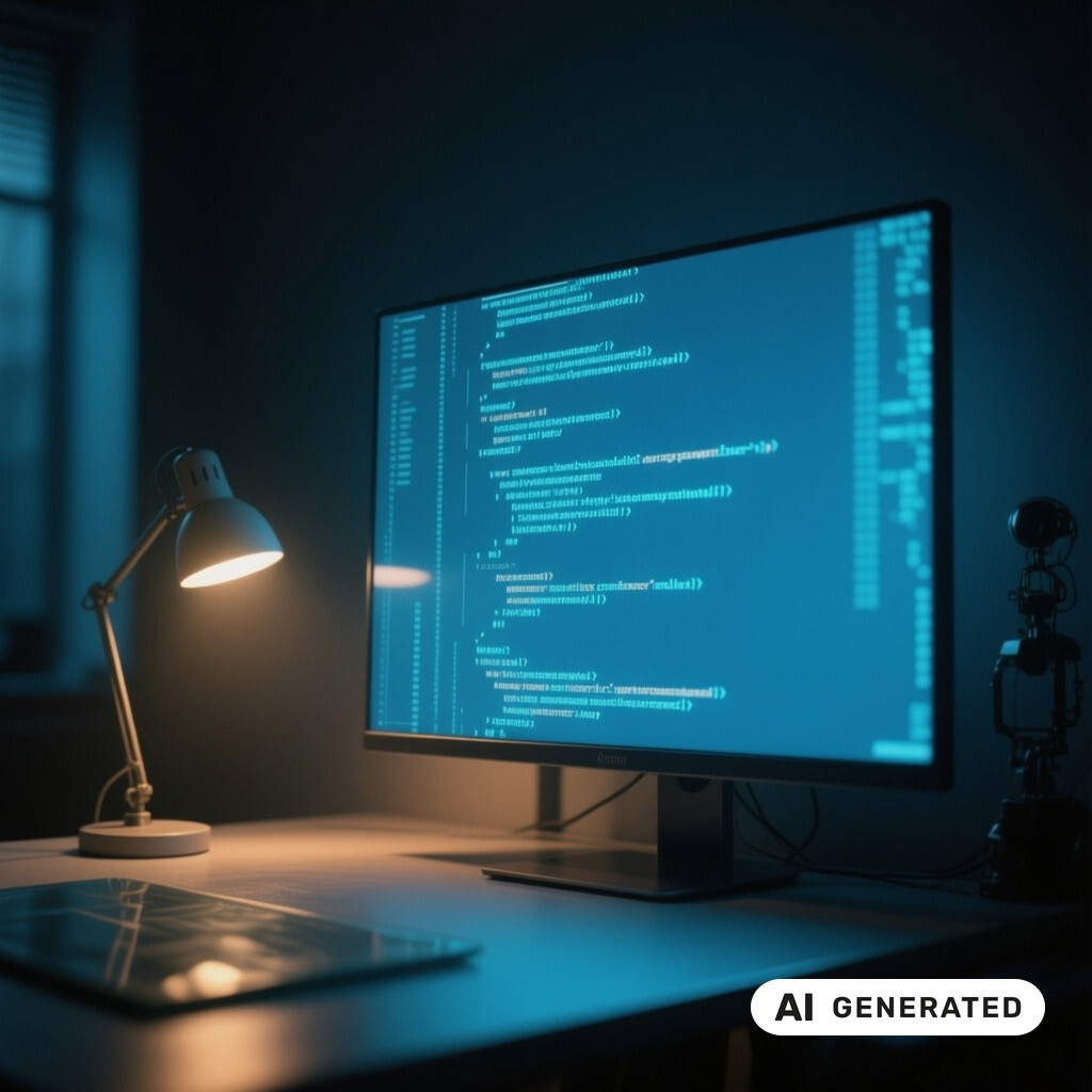 Quellcode auf einem grossen Monitor in einem abgedunkelten Raum, warmes Licht einer Schreibtischlampe