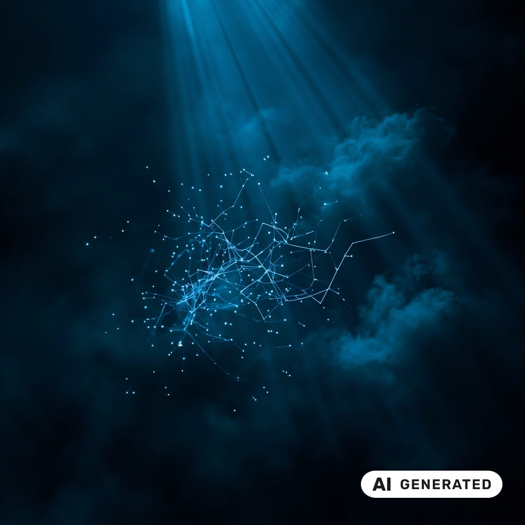 Abstrakte dreidimensionale Datenvisualisierung eines neuronalen Netzes im dunklen Raum