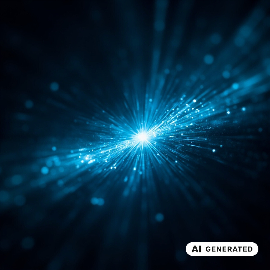 Abstrakter Strom aus Lichtpartikeln und Datenstroemen im tiefdunklen Raum