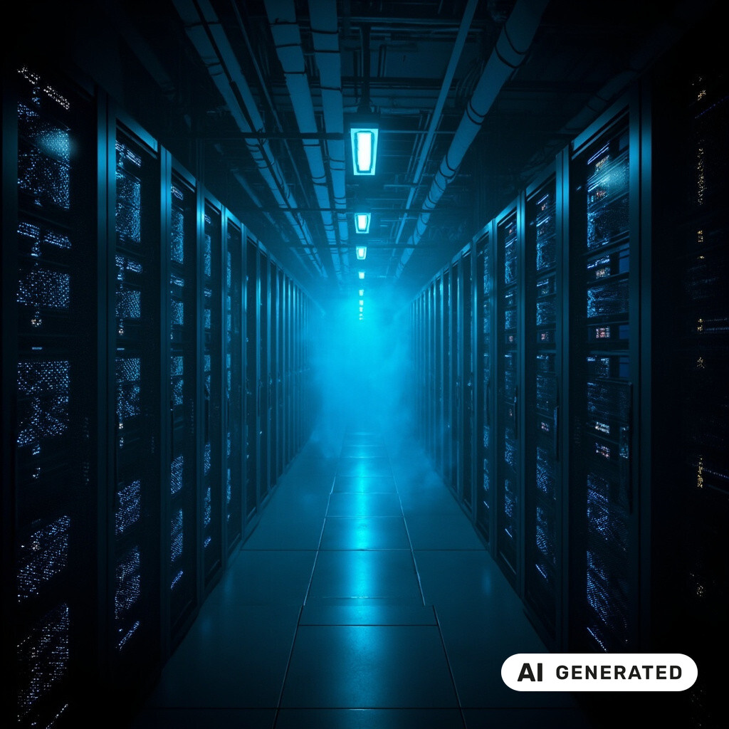 Serverraum mit langen Reihen von Racks, Glasfaserverkabelung und kuehlen blauen Kontrollleuchten