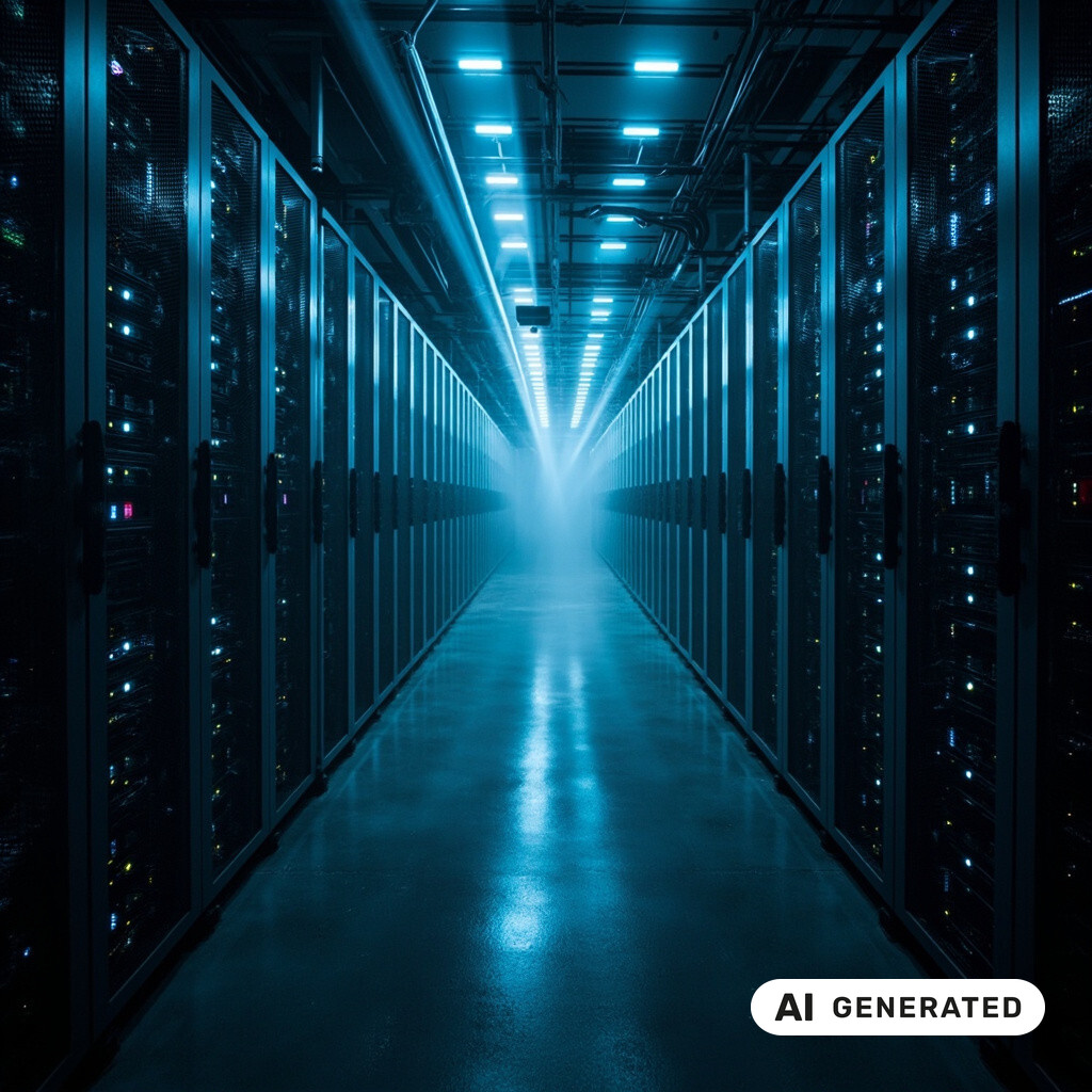 Serverraum mit langen Reihen von Racks, Glasfaserverkabelung und kuehlen blauen Kontrollleuchten